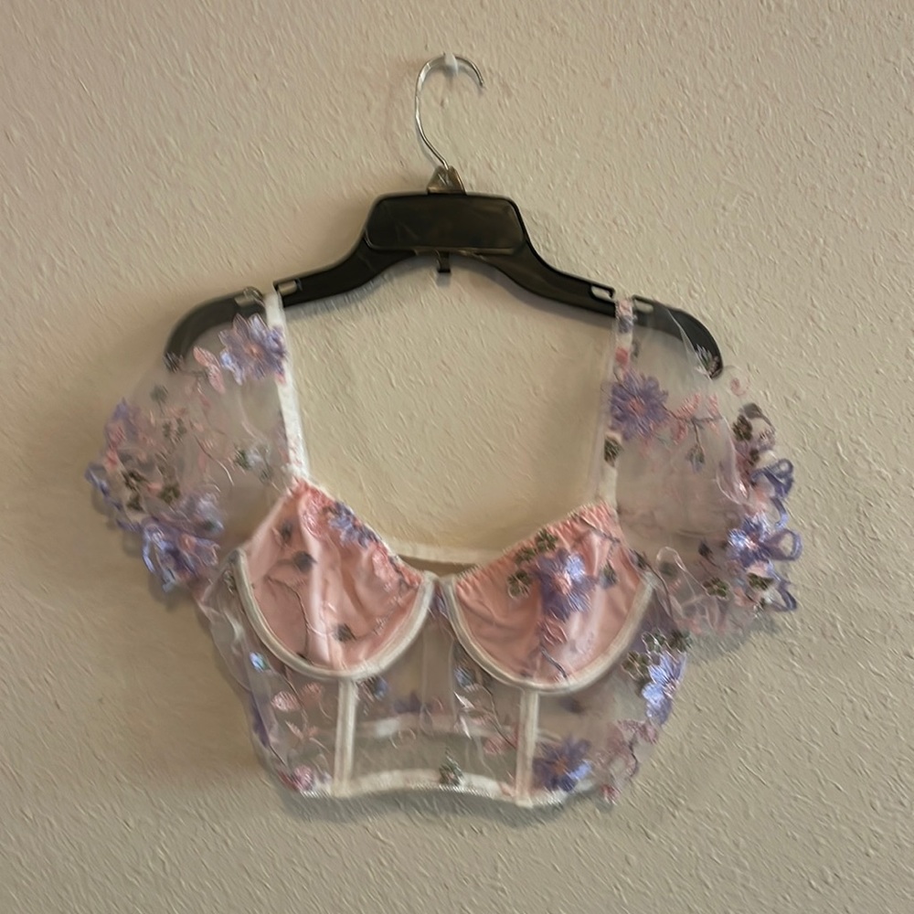 Embroidered mesh floral crop top